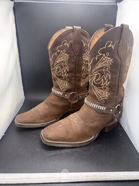 Mexican Brown Leather Western Cowboy Boots Rhinestone Harness Womens 7.5